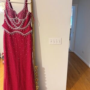 Red Beaded Evening Gown with Crystal Fringe